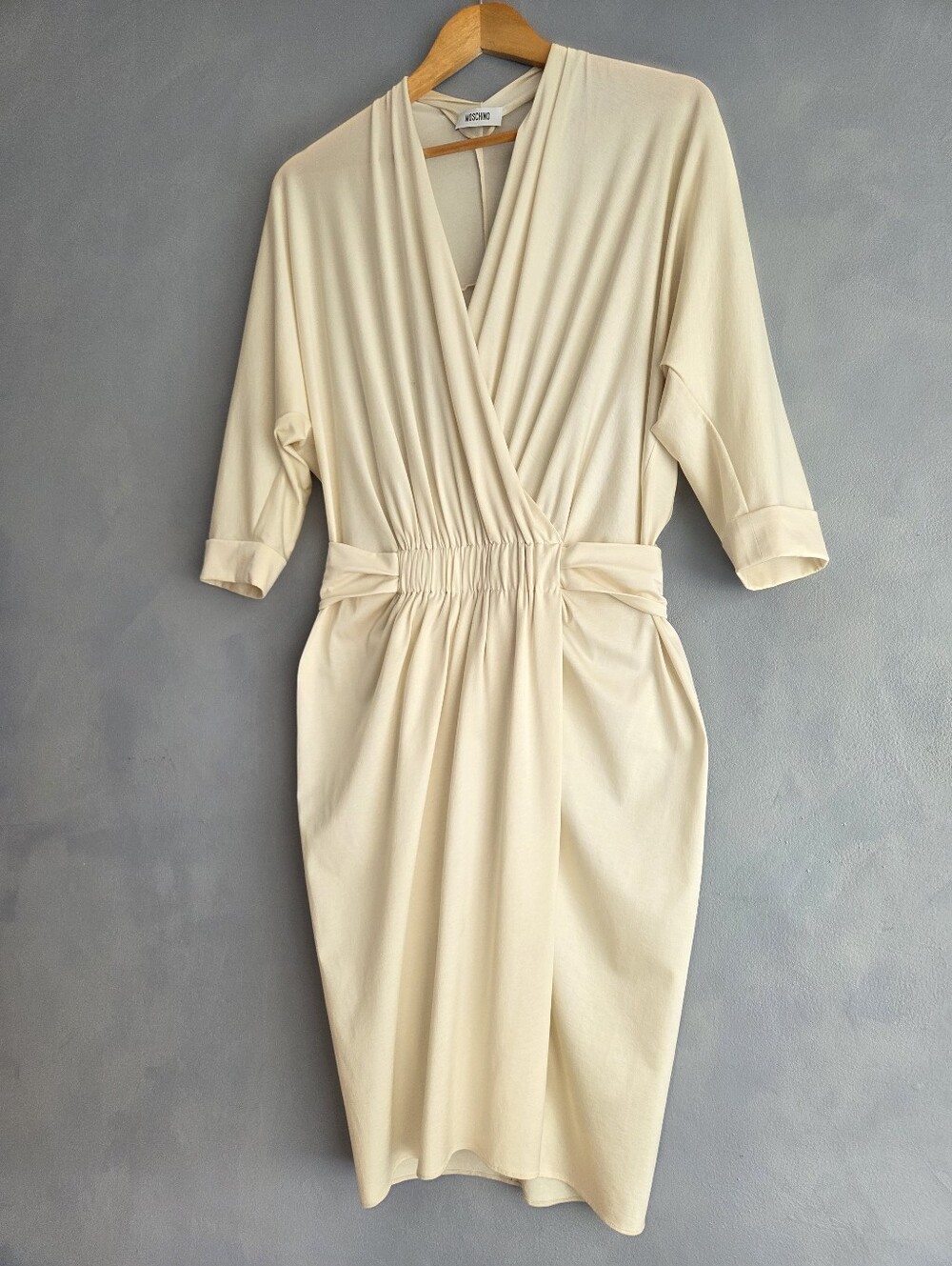 MOSCHINO VTG COTTON MIX FAUX WRAP BELTED DRAPED CREAM DRESS SIZE 8